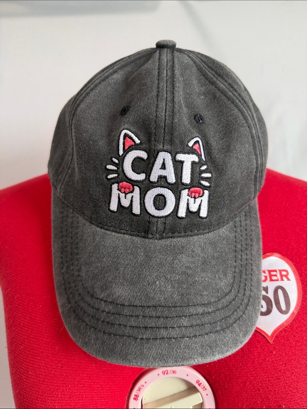 Gray Cat Mom Embroidered Baseball Cap with Pink Accents